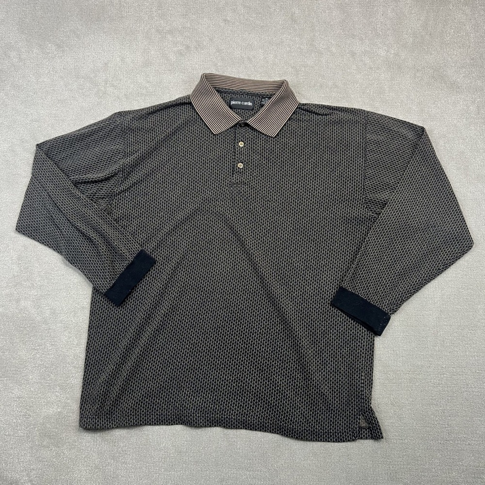 Pierre Cardin Polo Shirt Mens XL Long Sleeve Geometric Knit Black Tan Vintage